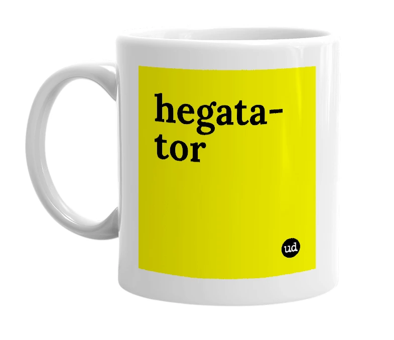White mug with 'hegata-tor' in bold black letters