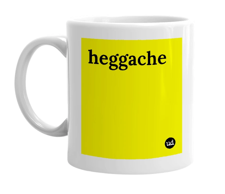 White mug with 'heggache' in bold black letters