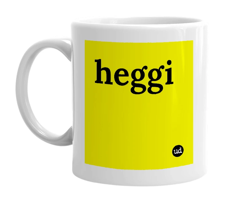 White mug with 'heggi' in bold black letters