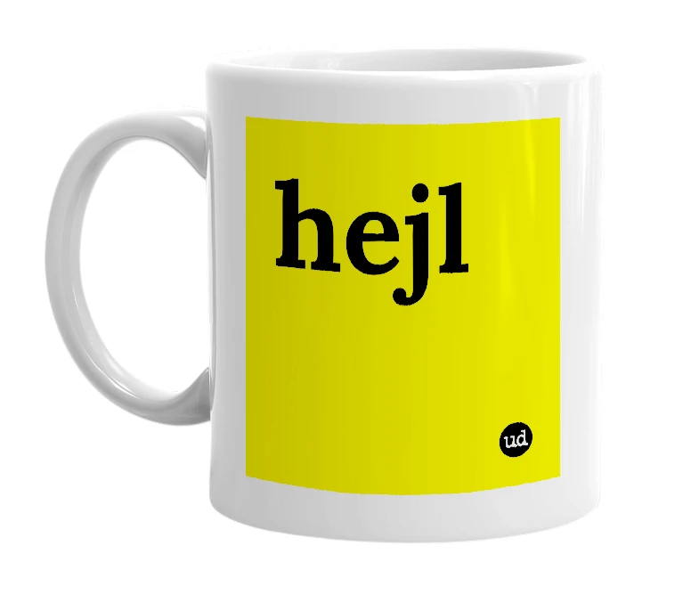 White mug with 'hejl' in bold black letters