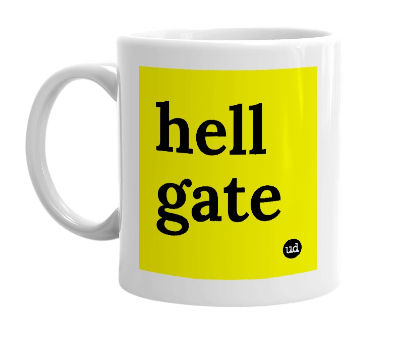White mug with 'hell gate' in bold black letters