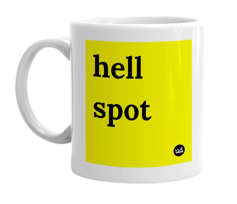 White mug with 'hell spot' in bold black letters
