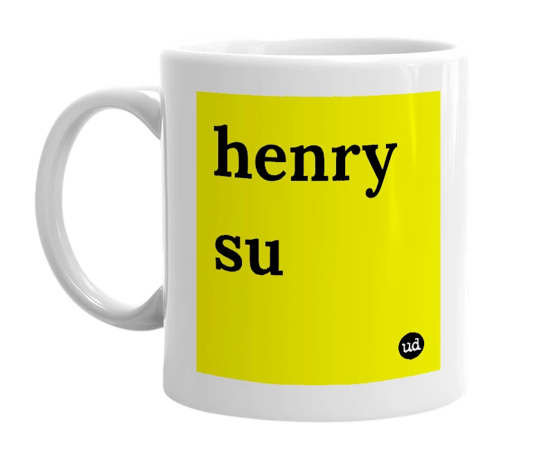 White mug with 'henry su' in bold black letters