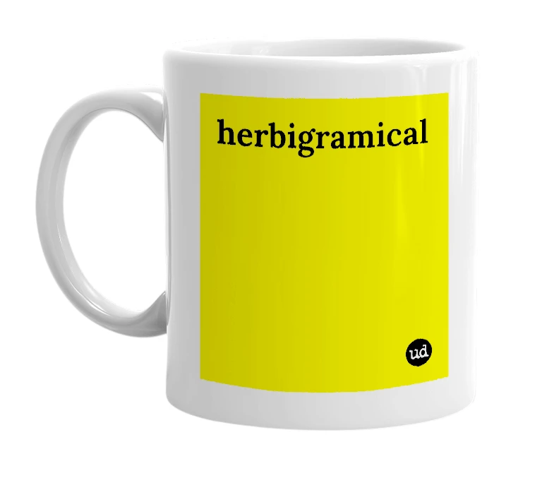 White mug with 'herbigramical' in bold black letters