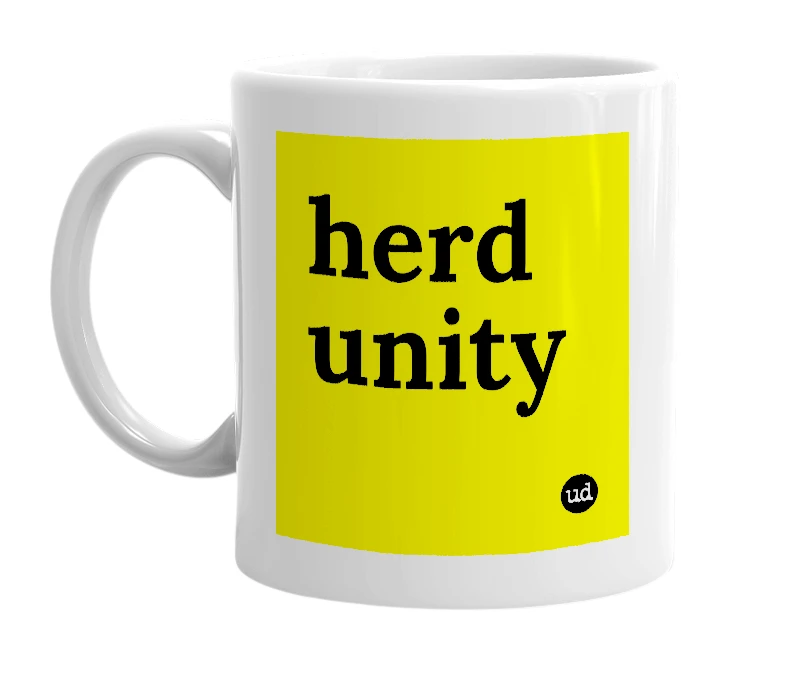 White mug with 'herd unity' in bold black letters
