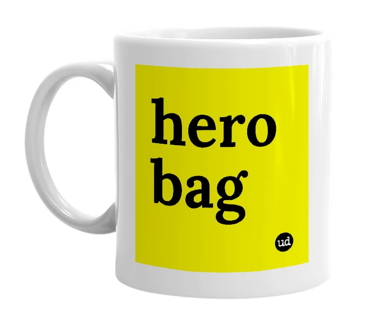 White mug with 'hero bag' in bold black letters