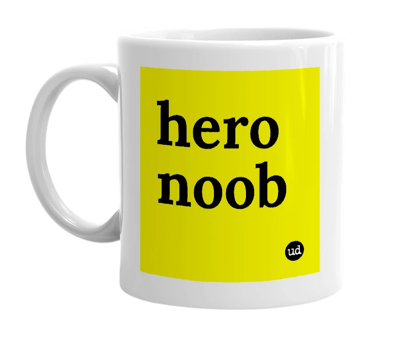 White mug with 'hero noob' in bold black letters