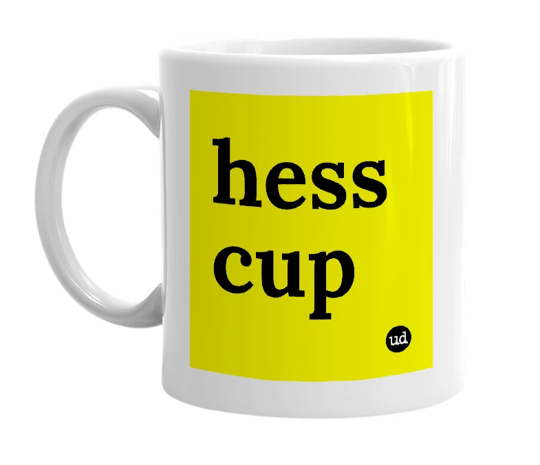 White mug with 'hess cup' in bold black letters