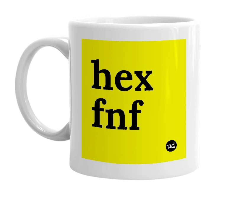 White mug with 'hex fnf' in bold black letters