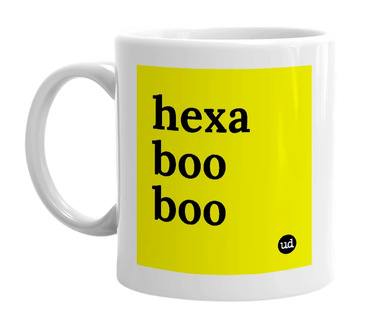 White mug with 'hexa boo boo' in bold black letters