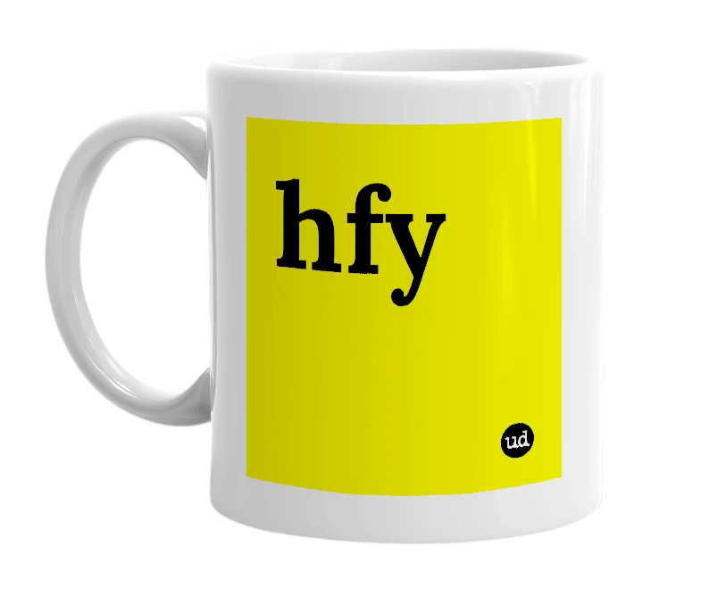 White mug with 'hfy' in bold black letters