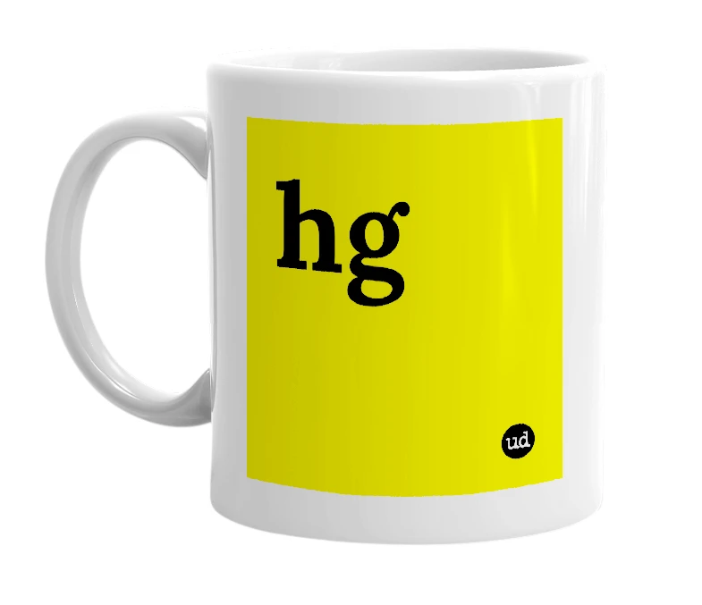 White mug with 'hg' in bold black letters