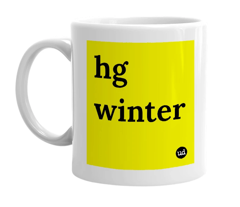 White mug with 'hg winter' in bold black letters