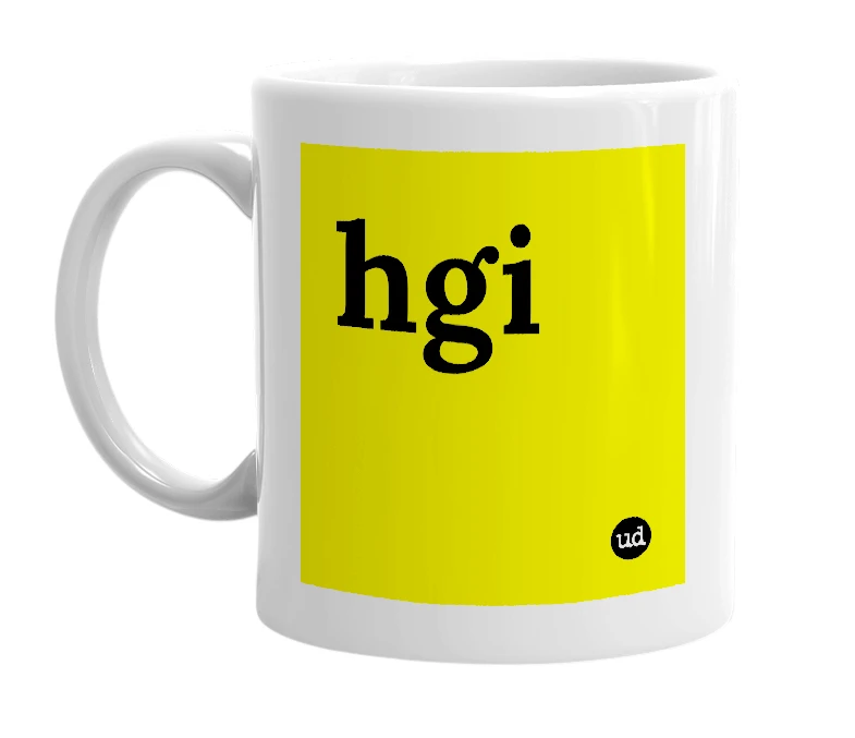 White mug with 'hgi' in bold black letters