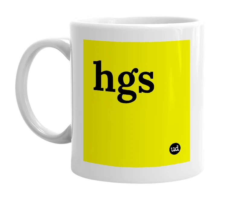 White mug with 'hgs' in bold black letters