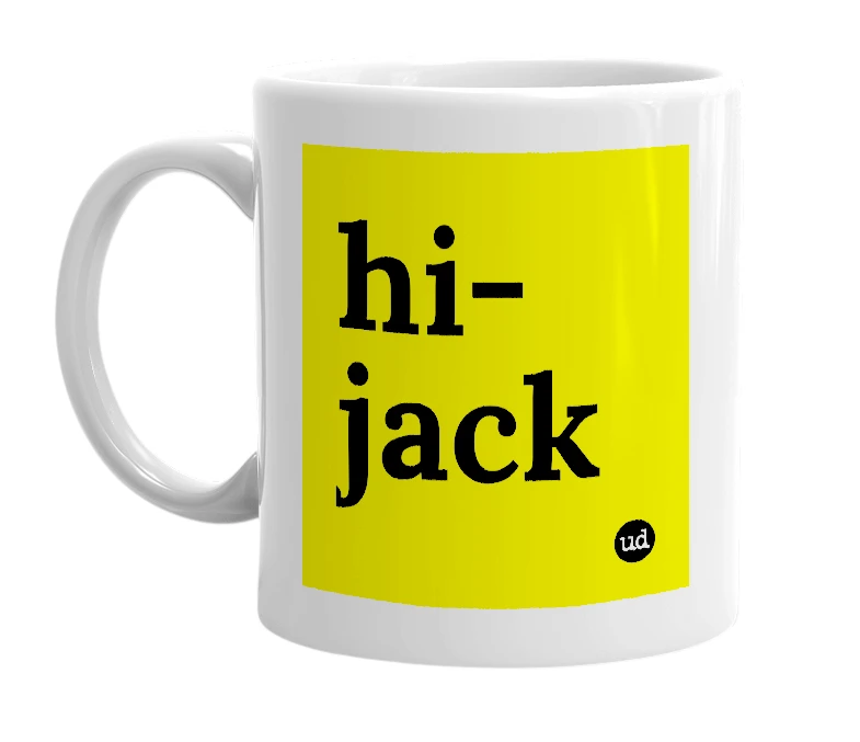 White mug with 'hi-jack' in bold black letters