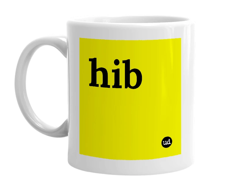 White mug with 'hib' in bold black letters