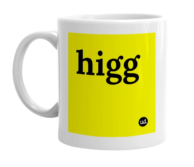 White mug with 'higg' in bold black letters