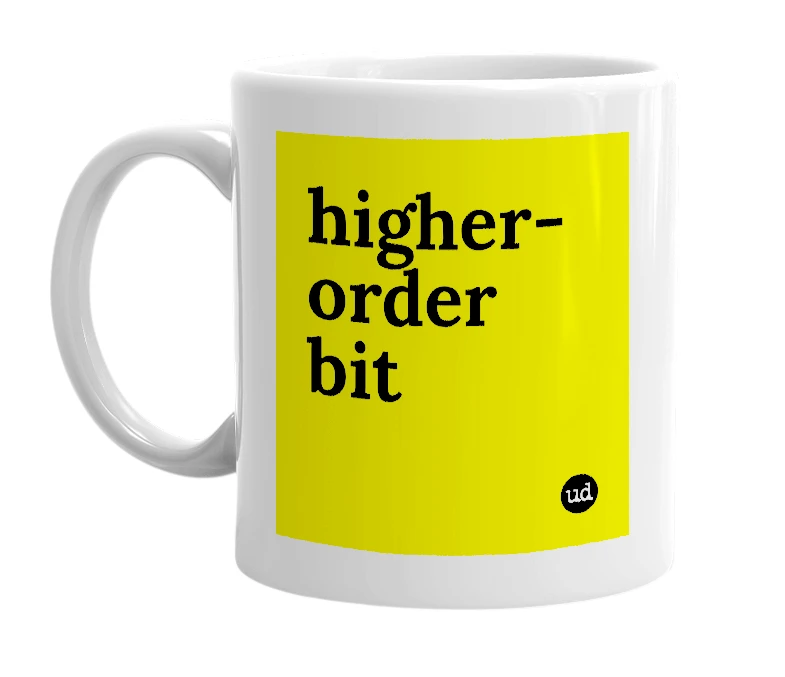 White mug with 'higher-order bit' in bold black letters