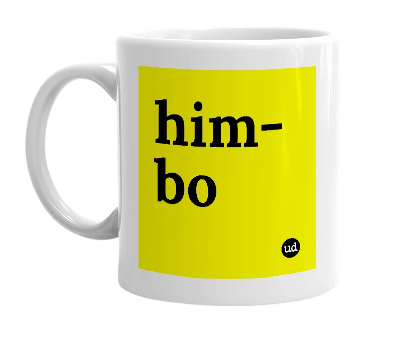 White mug with 'him-bo' in bold black letters