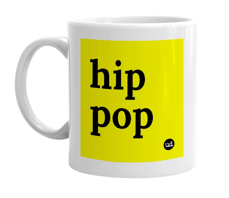 White mug with 'hip pop' in bold black letters