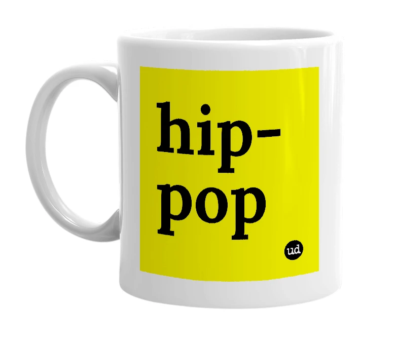 White mug with 'hip-pop' in bold black letters