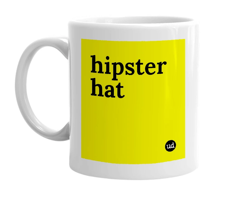 White mug with 'hipster hat' in bold black letters