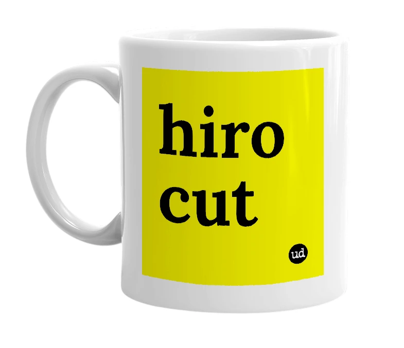White mug with 'hiro cut' in bold black letters