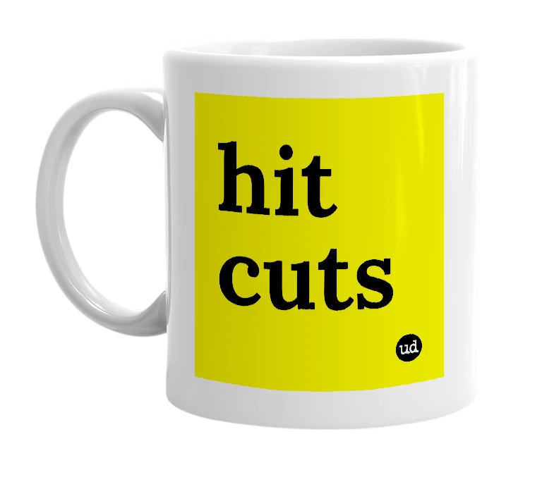 White mug with 'hit cuts' in bold black letters