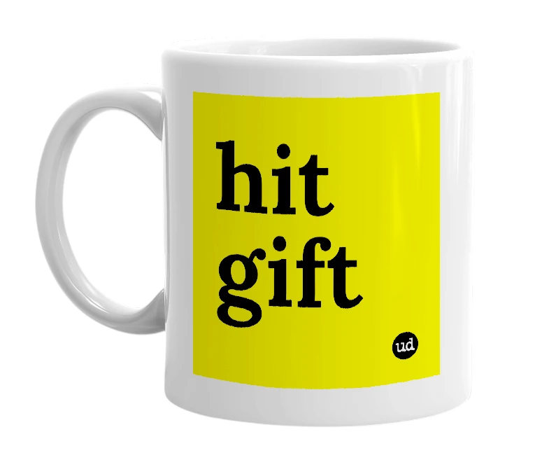 White mug with 'hit gift' in bold black letters