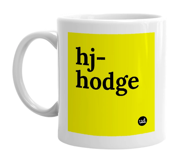 White mug with 'hj-hodge' in bold black letters