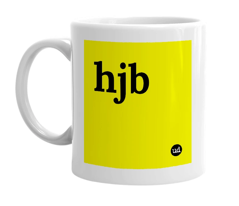 White mug with 'hjb' in bold black letters