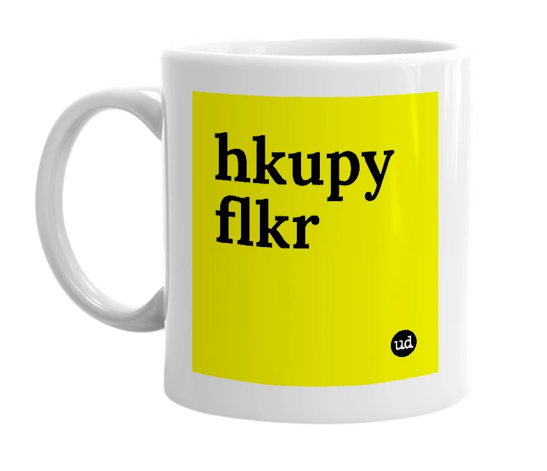 White mug with 'hkupy flkr' in bold black letters