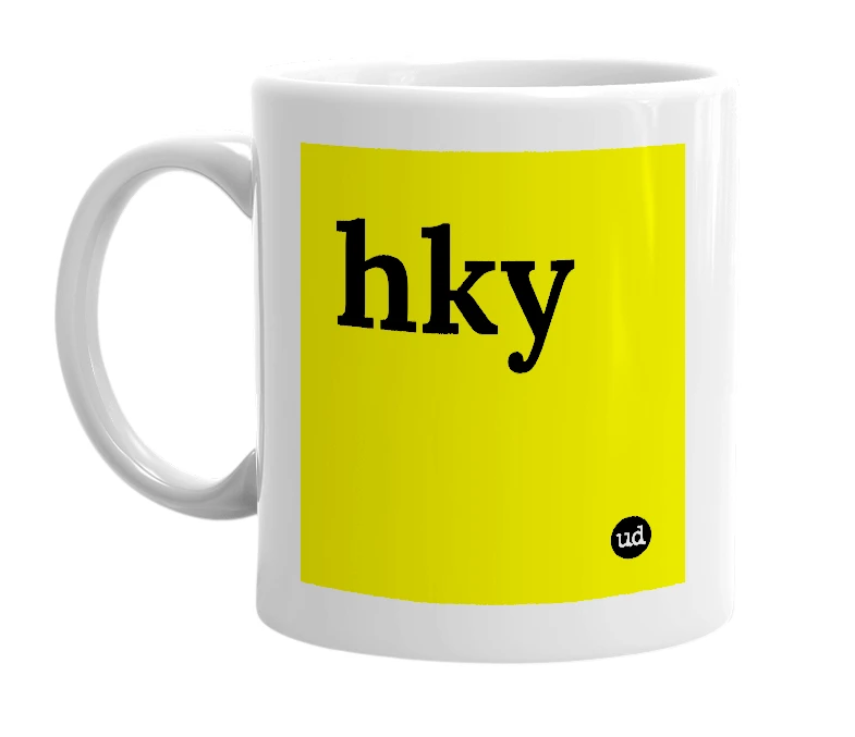 White mug with 'hky' in bold black letters