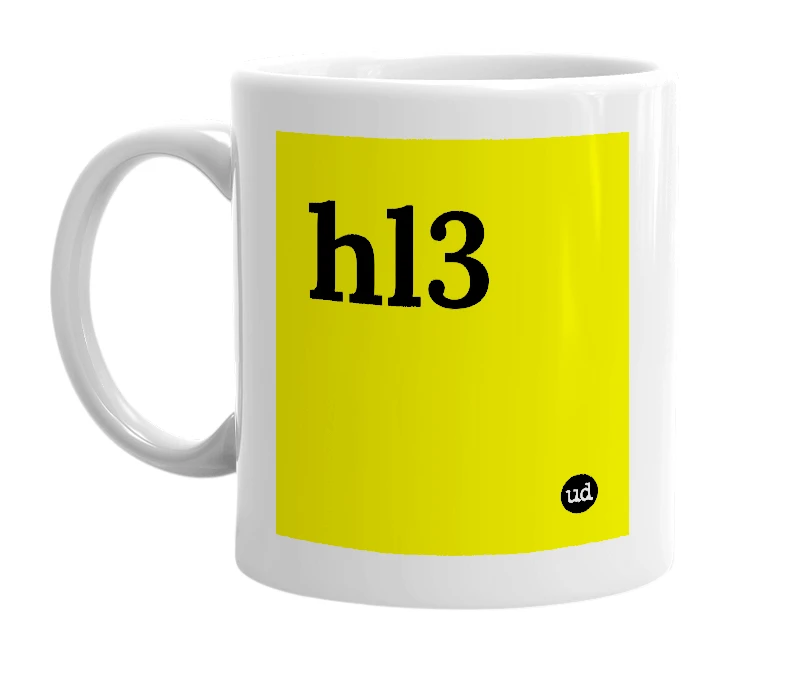 White mug with 'hl3' in bold black letters