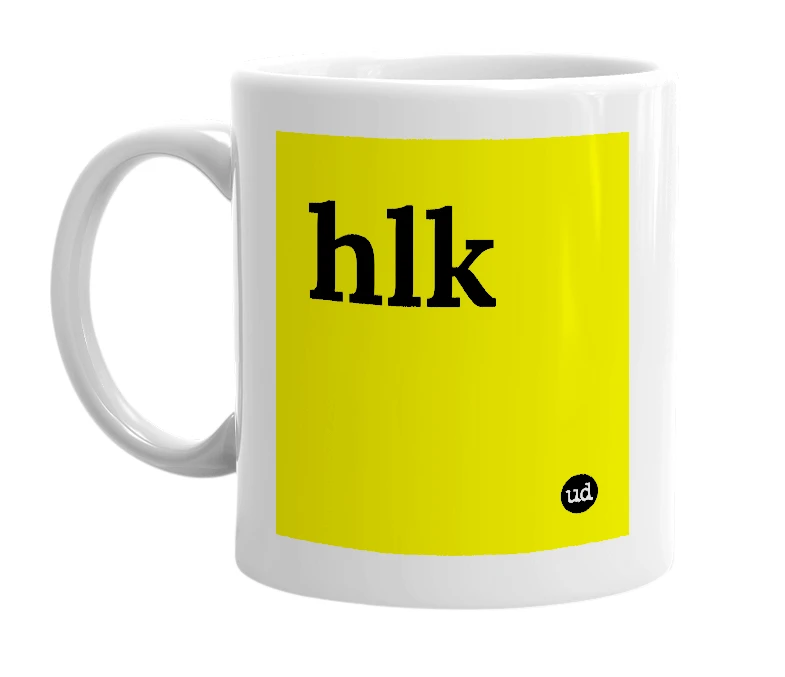 White mug with 'hlk' in bold black letters