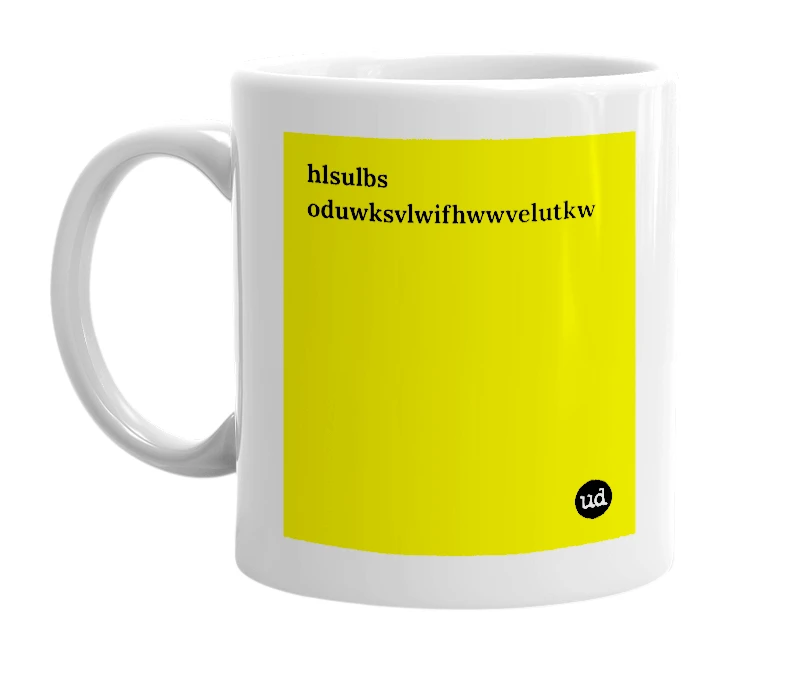 White mug with 'hlsulbs oduwksvlwifhwwvelutkw' in bold black letters