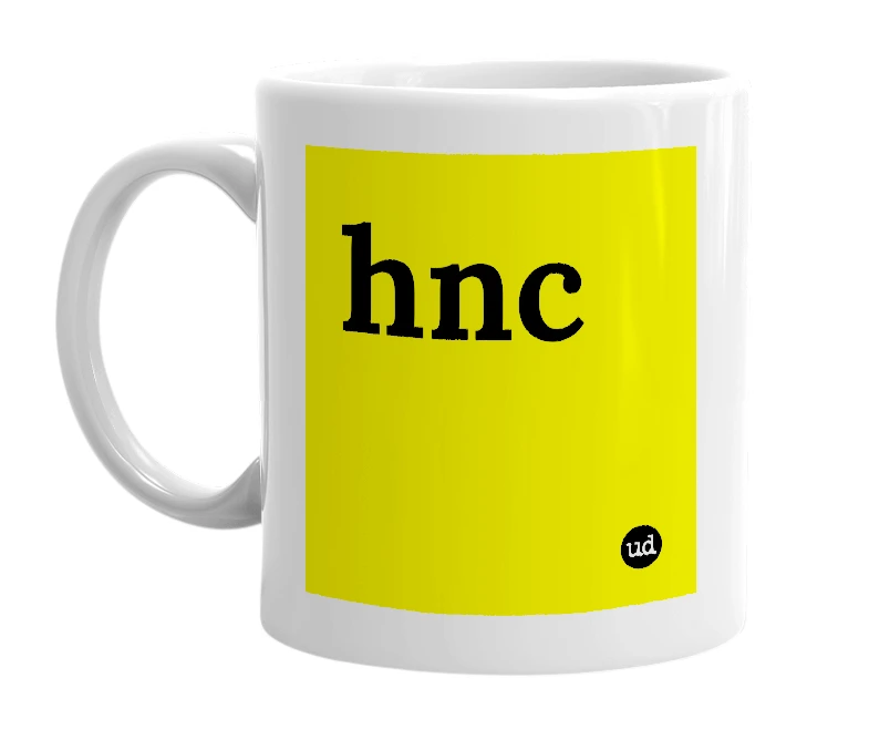 White mug with 'hnc' in bold black letters