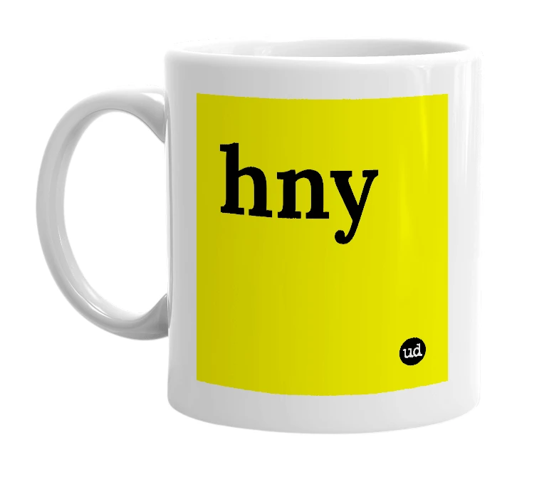 White mug with 'hny' in bold black letters