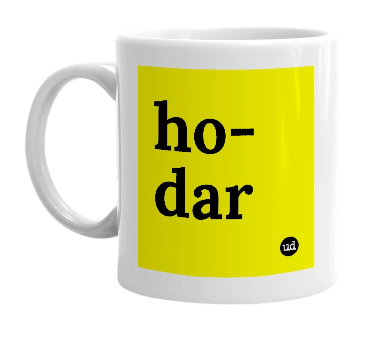 White mug with 'ho-dar' in bold black letters