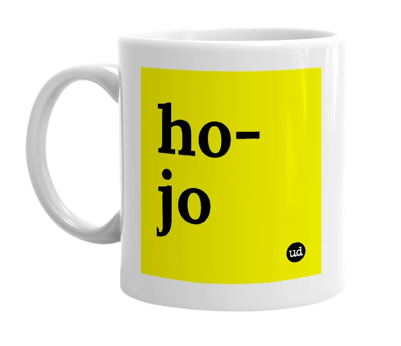 White mug with 'ho-jo' in bold black letters