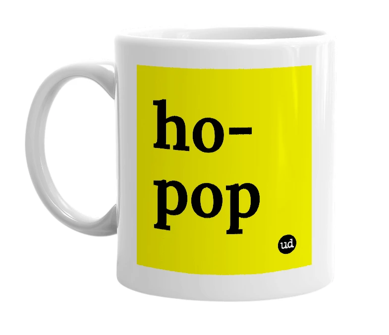 White mug with 'ho-pop' in bold black letters