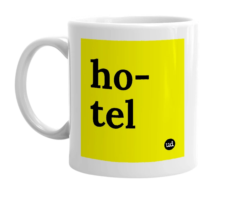 White mug with 'ho-tel' in bold black letters