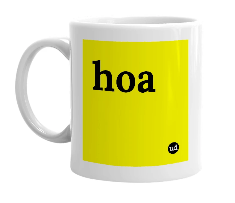 White mug with 'hoa' in bold black letters