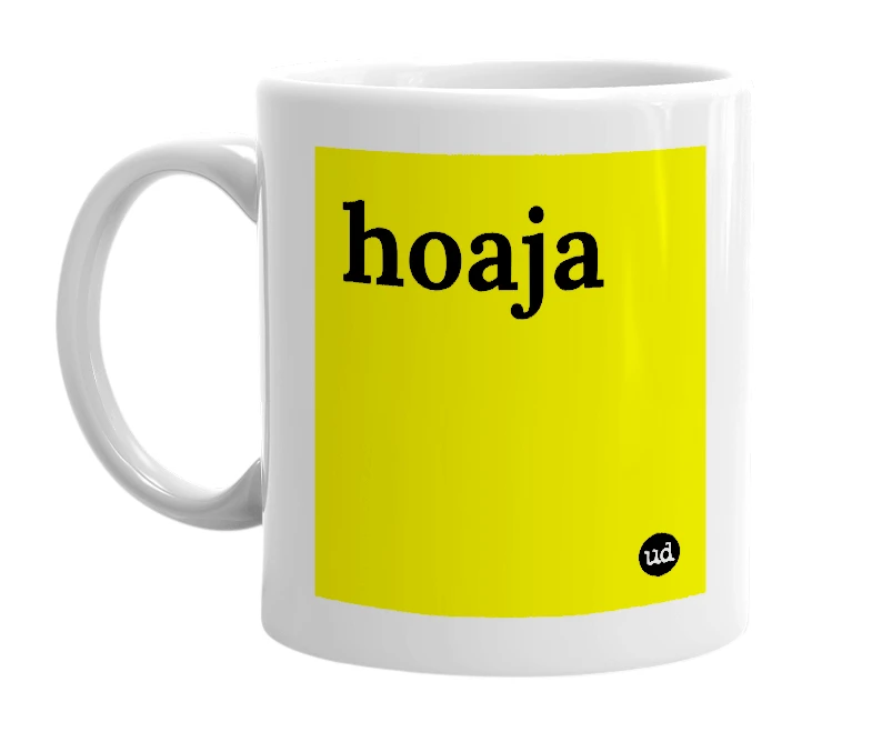 White mug with 'hoaja' in bold black letters