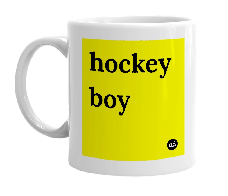 White mug with 'hockey boy' in bold black letters