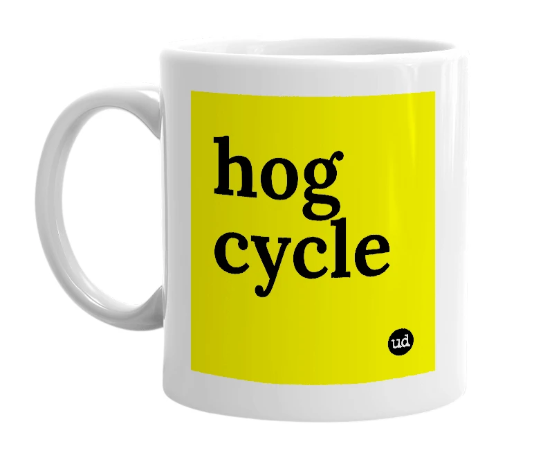 White mug with 'hog cycle' in bold black letters