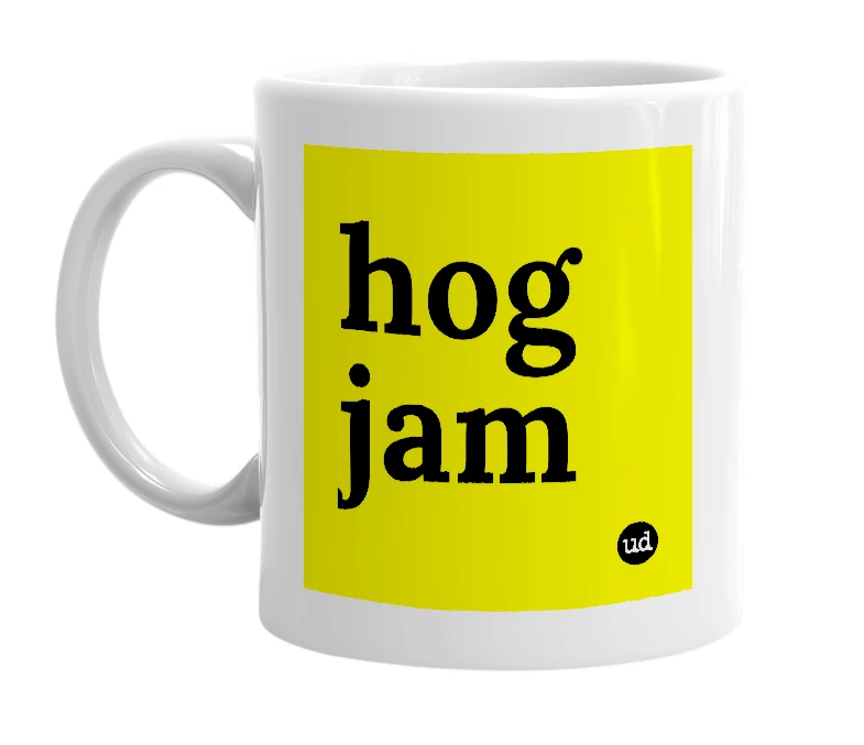 White mug with 'hog jam' in bold black letters