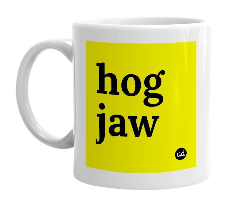 White mug with 'hog jaw' in bold black letters