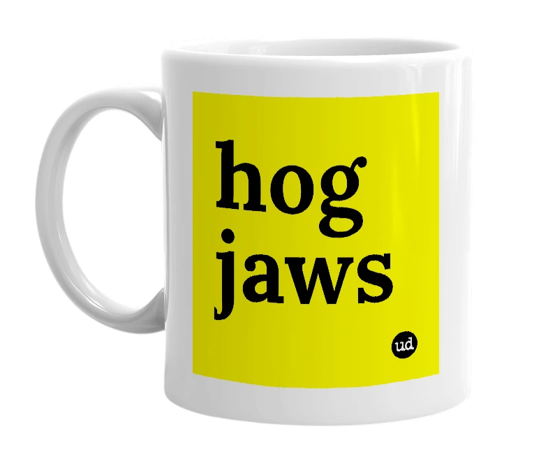White mug with 'hog jaws' in bold black letters